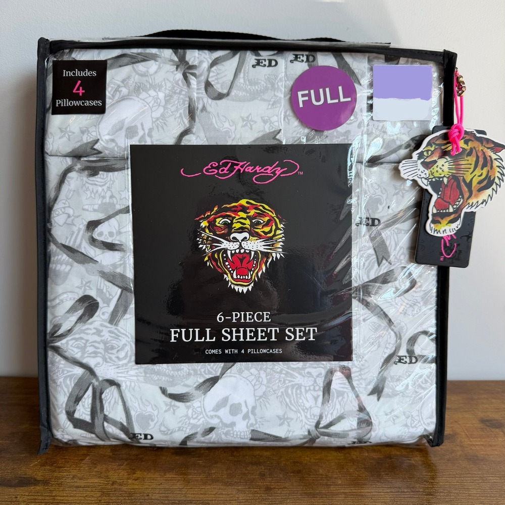 New Ed Hardy Full 6 Pc Double Brushed Sheet Set White Grey Tiger Bows Cute Y2K